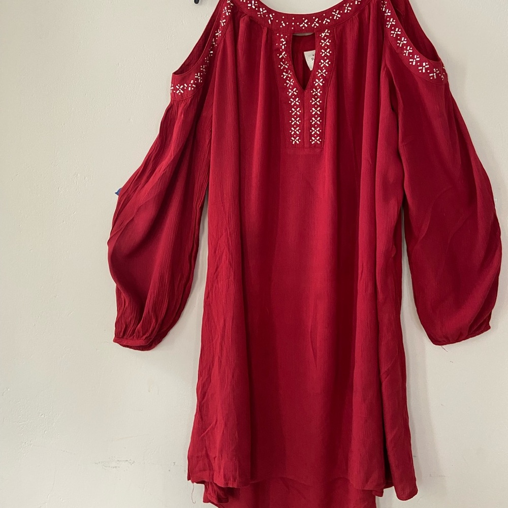 Rust cold shoulder gold embellished knee length swing ballon sleeves Large